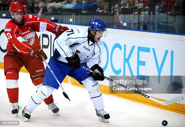 Roman Cervenka of Prague in action with Jaroslav Hlinka of Linkoping during the IIHF Champions Hockey League match between Slavia Prague and...