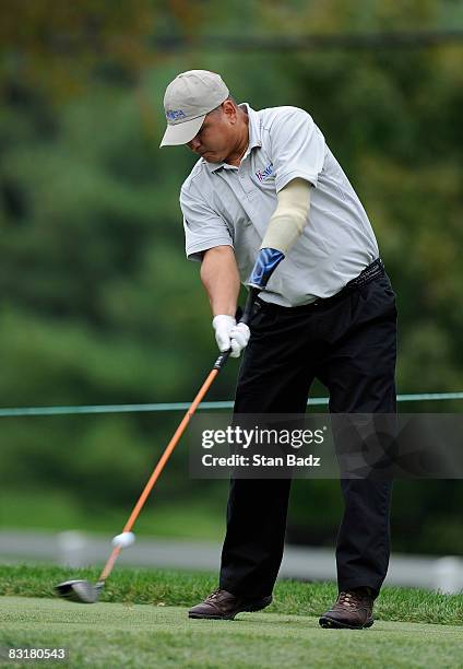 Ramon Padilla, U.S. Army, hits from the 18th tee box during the Pro-Am round for the Constellation Energy Senior Players Championship held at...