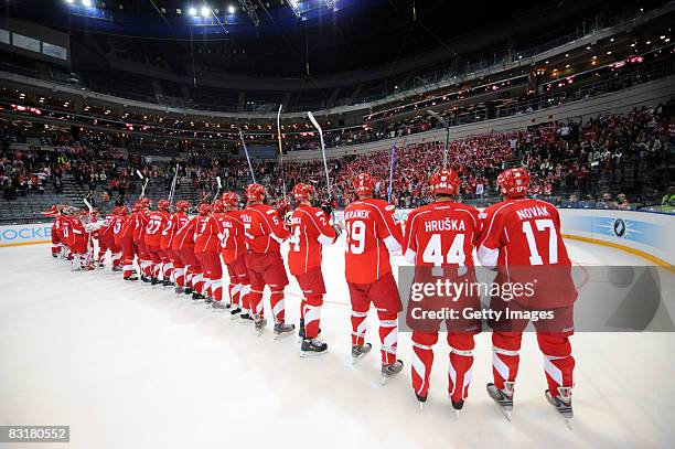 Players of Prague pose during the IIHF Champions Hockey League match between Slavia Prague and Linkoping HC on October 8, 2008 in Ufa, Russia.