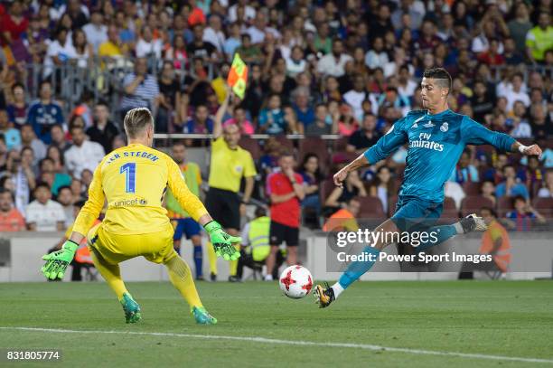 Cristiano Ronaldo of Real Madrid in action during the Supercopa de Espana Final 1st Leg match between FC Barcelona and Real Madrid at Camp Nou on...