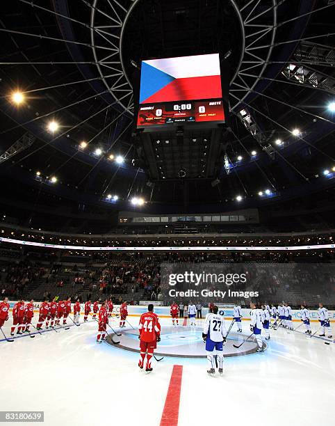 General view at the start of the IIHF Champions Hockey League match between Slavia Prague and Linkoping HC on October 8, 2008 in Ufa, Russia.