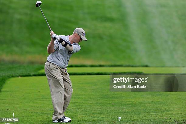 Larry Perry, U.S. Navy, hits from the third tee box during the Pro-Am round for the Constellation Energy Senior Players Championship held at...