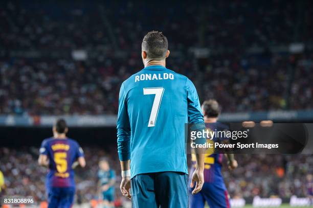 Cristiano Ronaldo of Real Madrid in action during the Supercopa de Espana Final 1st Leg match between FC Barcelona and Real Madrid at Camp Nou on...