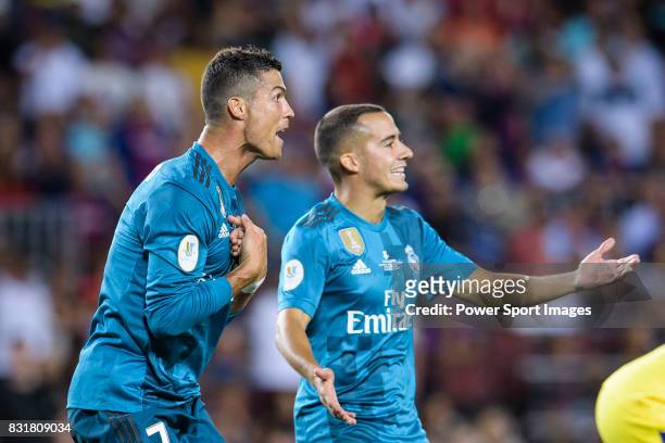 Cristiano Ronaldo of Real Madrid gestures after gets a red card during the Supercopa de Espana Final 1st Leg match between FC Barcelona and Real...