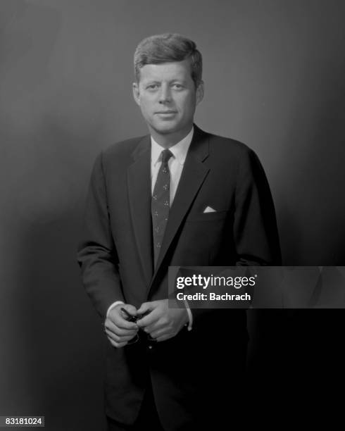 Standing portrait of John Fitzgerald 'Jack' Kennedy . Taken in Boston while he served as Massachussetts senator, 1958.