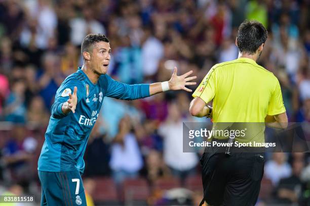 Cristiano Ronaldo of Real Madrid gestures after gets a red card from Fifa Referee Ricardo de Burgos Bergoetxea during the Supercopa de Espana Final...
