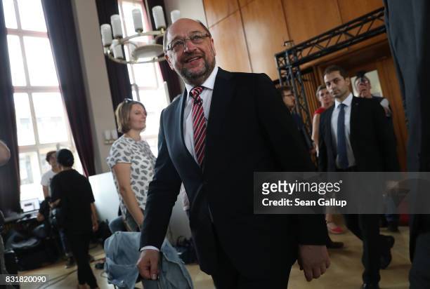 Martin Schulz, chancellor candidate of the German Social Democrats , arrives to speak on immigration and integration at an event co-hosted by the...