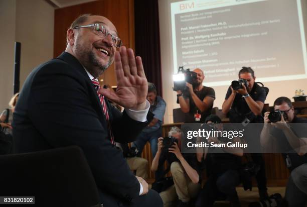 Martin Schulz, chancellor candidate of the German Social Democrats , arrives to speak on immigration and integration at an event co-hosted by the...