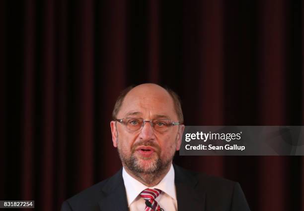 Martin Schulz, chancellor candidate of the German Social Democrats , speaks on immigration and integration at an event co-hosted by the Berlin...