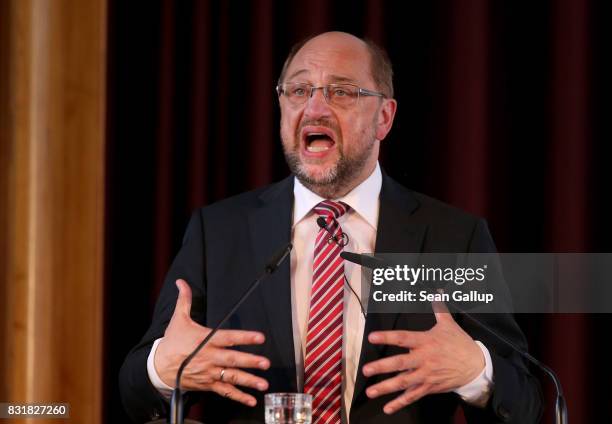 Martin Schulz, chancellor candidate of the German Social Democrats , speaks on immigration and integration at an event co-hosted by the Berlin...