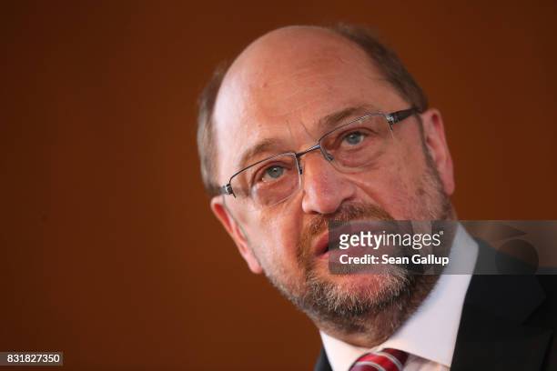Martin Schulz, chancellor candidate of the German Social Democrats , speaks on immigration and integration at an event co-hosted by the Berlin...