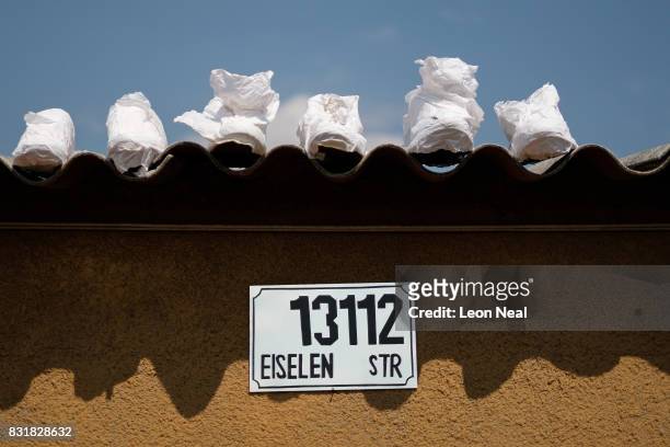 Trainers wrapped in white tissue paper dry in the hot sun at the "Walk Fresh" sneaker cleaning company premises, owned by Lethabo Mokoena, on March...