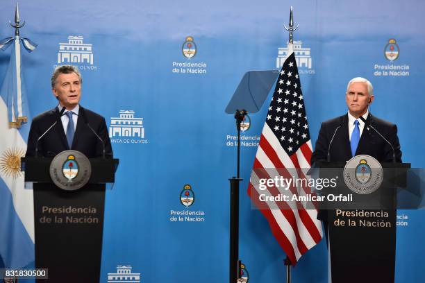President of Argentina Mauricio Macri and U.S. Vice President Mike Pence speak during a press conference as part of the official visit of US Vice...