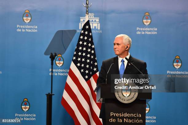 Vice President Mike Pence looks on during a press conference as part of the official visit of US Vice President Mike Pence to Buenos Aires at the...