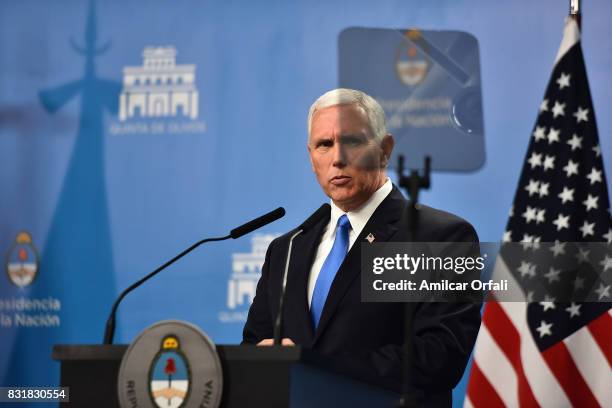 Vice President Mike Pence looks on during a press conference as part of the official visit of US Vice President Mike Pence to Buenos Aires at the...