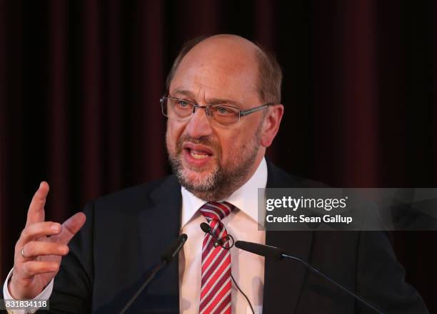 Martin Schulz, chancellor candidate of the German Social Democrats , speaks on immigration and integration at an event co-hosted by the Berlin...