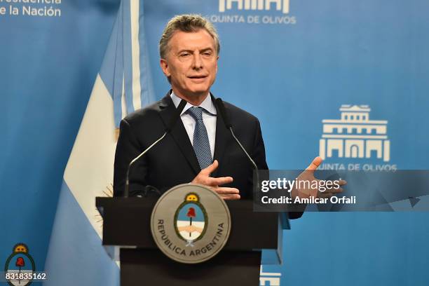 President of Argentina Mauricio Macri speaks during a press conference as part of the official visit of US Vice President Mike Pence to Buenos Aires...