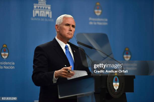 Vice President Mike Pence speaks during a press conference as part of the official visit of US Vice President Mike Pence to Buenos Aires at the...