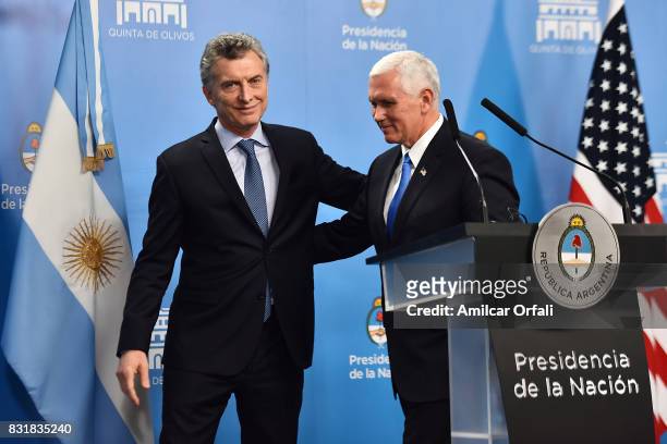 President of Argentina Mauricio Macri greets U.S. Vice President Mike Pence during a press conference as part of the official visit of US Vice...