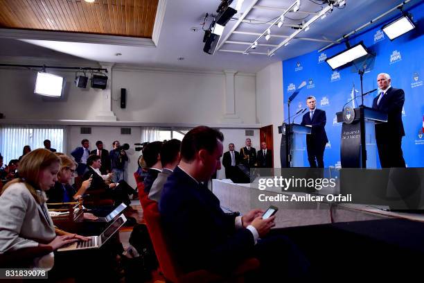 Mauricio Macri , President of Argentina, and Mike Pence, Vice president or US, speak to the media during a press conference as part of the official...