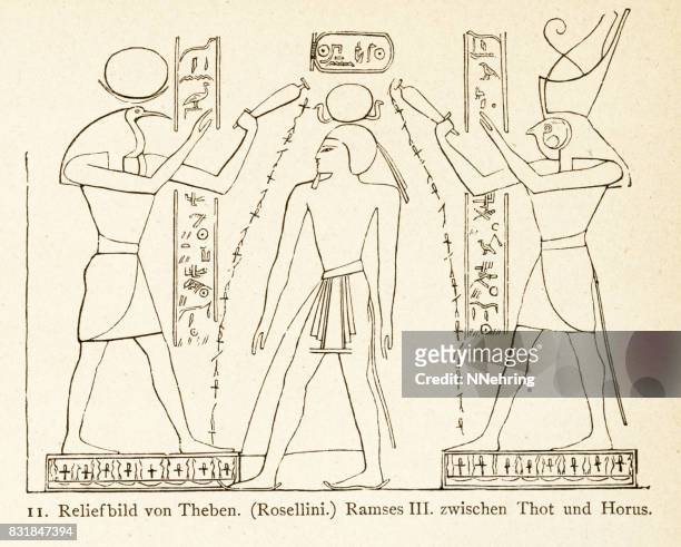 relief sculpture of ramses iii with inbetween thoth and horus - egyptian mythology stock illustrations
