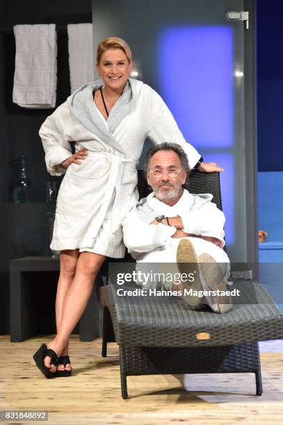 Jeanette Biedermann and Hugo Egon Balder during 'Aufguss' rehearsal photo call at Hotel Bayerischer Hof on August 15, 2017 in Munich, Germany.