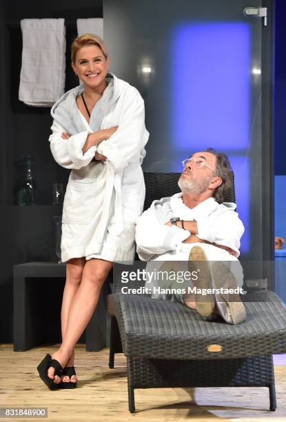 Jeanette Biedermann and Hugo Egon Balder during 'Aufguss' rehearsal photo call at Hotel Bayerischer Hof on August 15, 2017 in Munich, Germany.