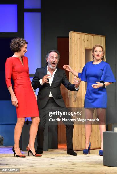 Madeleine Niesche, Hugo Egon Balder and Jeanette Biedermann during 'Aufguss' rehearsal photo call at Hotel Bayerischer Hof on August 15, 2017 in...