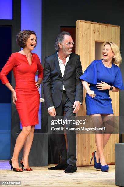 Madeleine Niesche, Hugo Egon Balder and Jeanette Biedermann during 'Aufguss' rehearsal photo call at Hotel Bayerischer Hof on August 15, 2017 in...