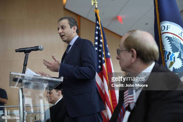 Former U.S. Attorney Preet Bharara addresses new American citizens at a naturalization ceremony in the observatory of One World Trade Centeron August...