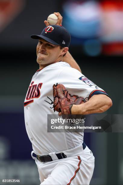 Matt Belisle of the Minnesota Twins pitches against the Texas Rangers on August 6, 2017 at Target Field in Minneapolis, Minnesota. The Twins defeated...