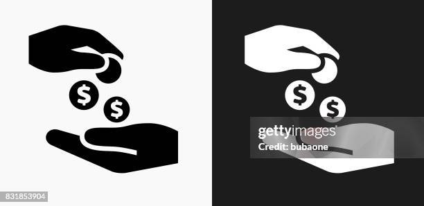 hands giving money icon on black and white vector backgrounds - multiple hands holding stock illustrations