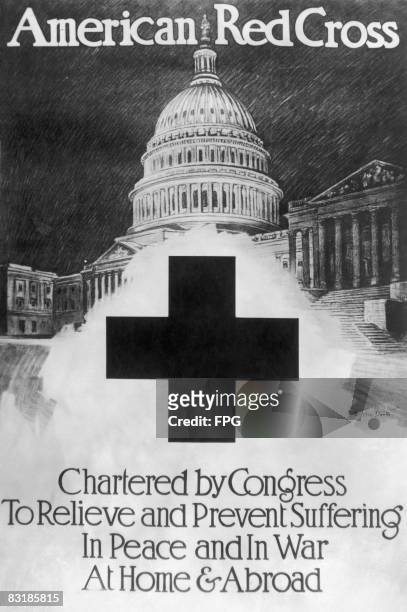 An American Red Cross poster, showing the organization's emblem and the US Capitol building, circa 1918.