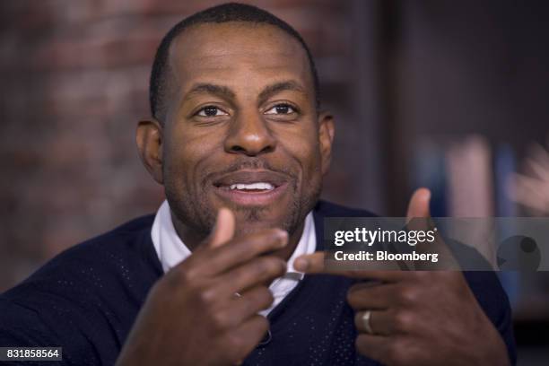 Andre Iguodala, a professional basketball player with the National Basketball Association's Golden State Warriors, speaks during a Bloomberg...