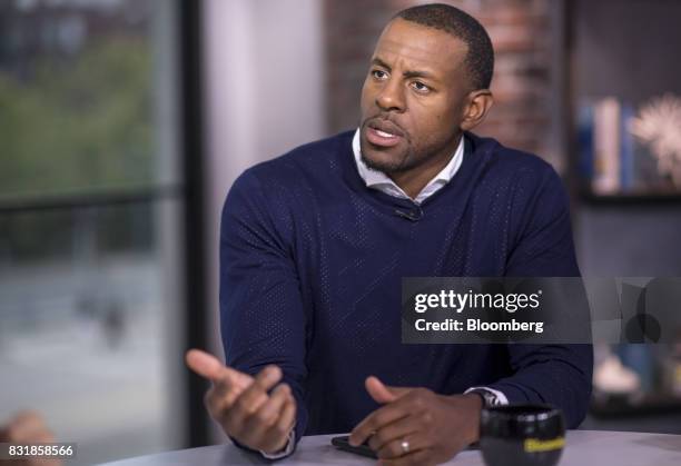 Andre Iguodala, a professional basketball player with the National Basketball Association's Golden State Warriors, speaks during a Bloomberg...