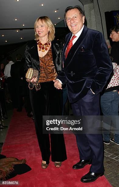 Lizzie Spender and Barry Humphries arrive for the opening night of the music production of 'My Fair Lady' at the Theatre Royal on October 9, 2008 in...