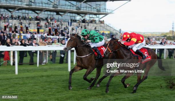 Kingswinford ridden by Robert Winston wins the Sir Gerald Whent Memorial Nursery Handicap Stakes by a head at Newbury Racecourse on October 9 in...