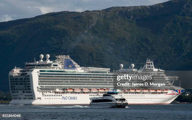 Cruises ship, Azura, departs port on her seven day cruise from Southampton on August 15, 2017 in Alesund, Norway. With over 3000 guests and 1200...