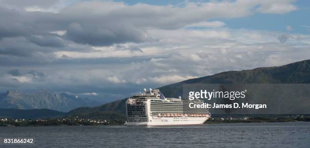 Cruises ship, Azura, departs port on her seven day cruise from Southampton on August 15, 2017 in Alesund, Norway. With over 3000 guests and 1200...