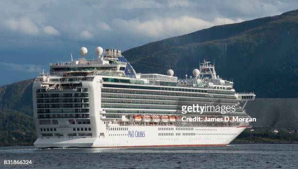 Cruises ship, Azura, departs port on her seven day cruise from Southampton on August 15, 2017 in Alesund, Norway. With over 3000 guests and 1200...