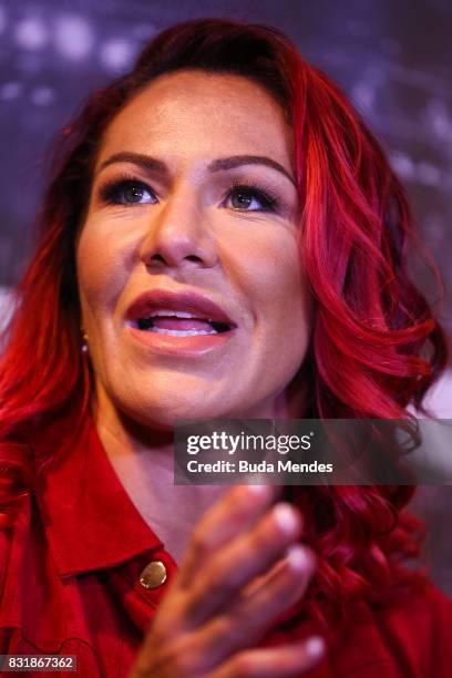 Featherweight Champion Cris Cyborg attends a press conference at the Hilton Hotel in Copacabana on August 15, 2017 in Rio de Janeiro, Brazil.