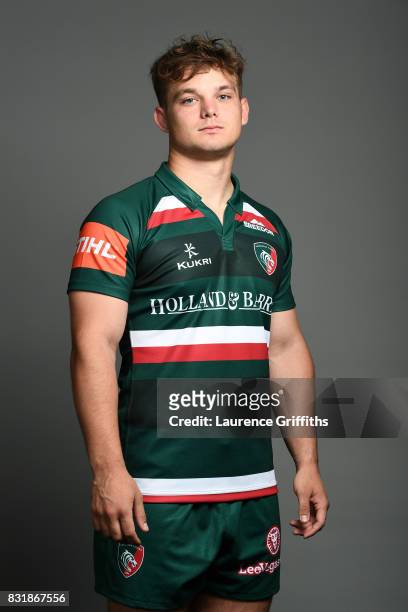 Will Evans of Leicester Tigers poses for a portrait during the squad photo call for the 2017-2018 Aviva Premiership Rugby season at Welford Road on...