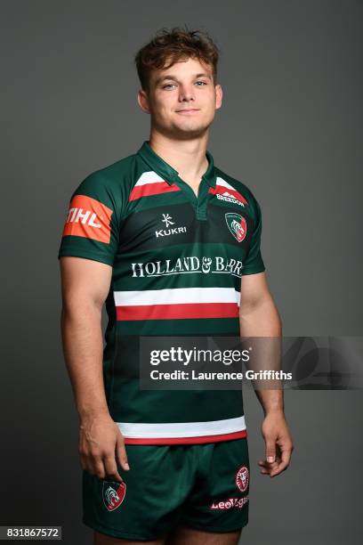 Will Evans of Leicester Tigers poses for a portrait during the squad photo call for the 2017-2018 Aviva Premiership Rugby season at Welford Road on...