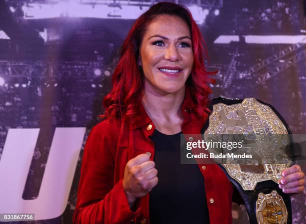 Featherweight Champion Cris Cyborg attends a press conference at the Hilton Hotel in Copacabana on August 15, 2017 in Rio de Janeiro, Brazil.