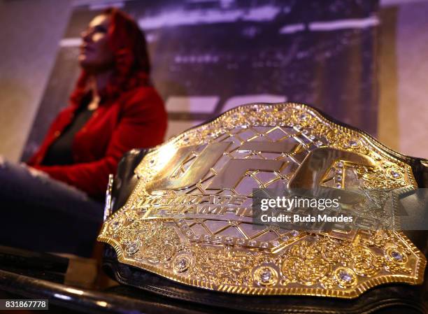 Featherweight Champion Cris Cyborg attends a press conference at the Hilton Hotel in Copacabana on August 15, 2017 in Rio de Janeiro, Brazil.