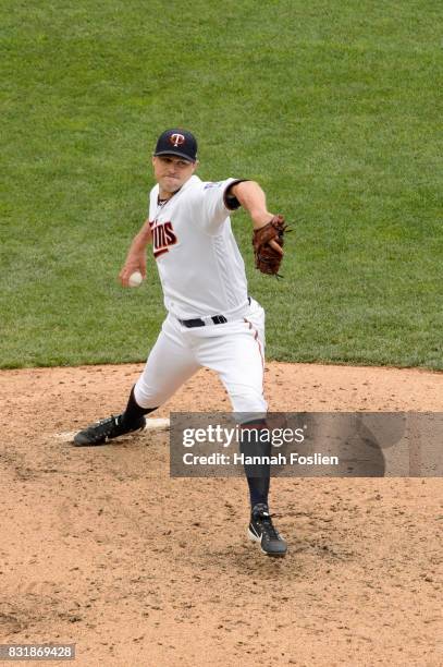 Matt Belisle of the Minnesota Twins delivers a pitch against the Texas Rangers during the game on August 6, 2017 at Target Field in Minneapolis,...