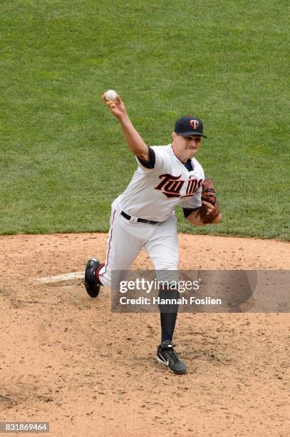 Matt Belisle of the Minnesota Twins delivers a pitch against the Texas Rangers during the game on August 6, 2017 at Target Field in Minneapolis,...