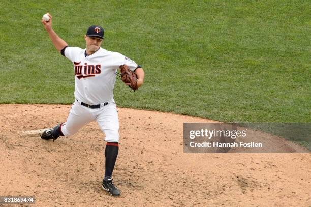 Matt Belisle of the Minnesota Twins delivers a pitch against the Texas Rangers during the game on August 6, 2017 at Target Field in Minneapolis,...