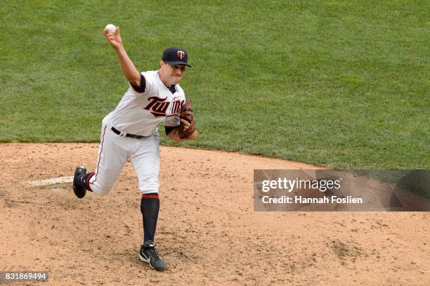 Matt Belisle of the Minnesota Twins delivers a pitch against the Texas Rangers during the game on August 6, 2017 at Target Field in Minneapolis,...