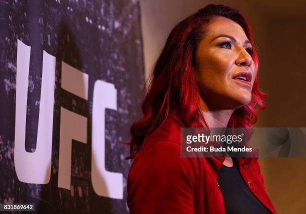 Featherweight Champion Cris Cyborg attends a press conference at the Hilton Hotel in Copacabana on August 15, 2017 in Rio de Janeiro, Brazil.